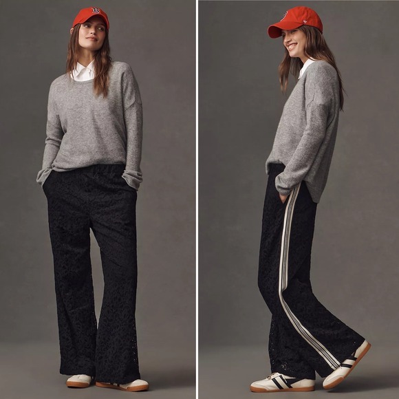 Maeve Pants - NWT Anthropologie Maeve Brooklin Lace Track Pants M Black $158 Sporty Stripe
